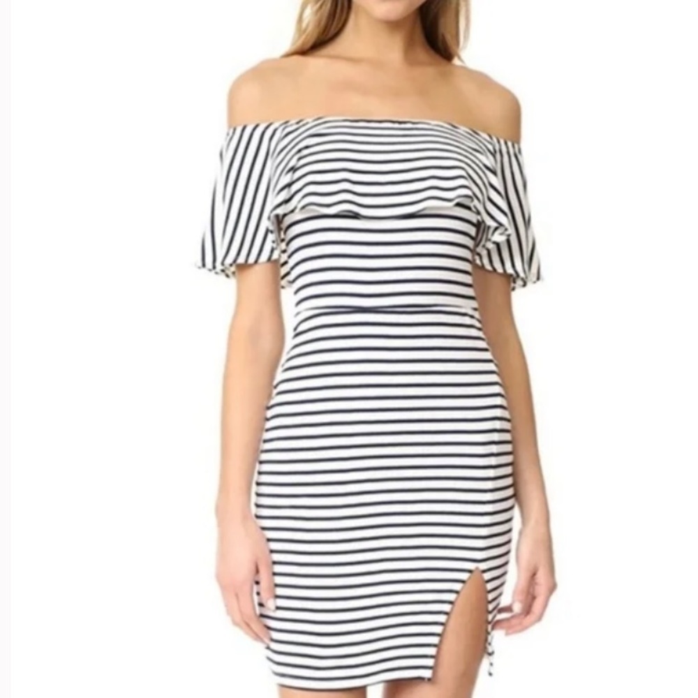 Lovers + Friends dress navy blue‎ white striped off the shoulder small stretch